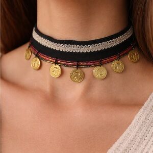 Artisan Black and Gold Coin Choker Necklace OOAK Handmade Luxe Jewelry Signed